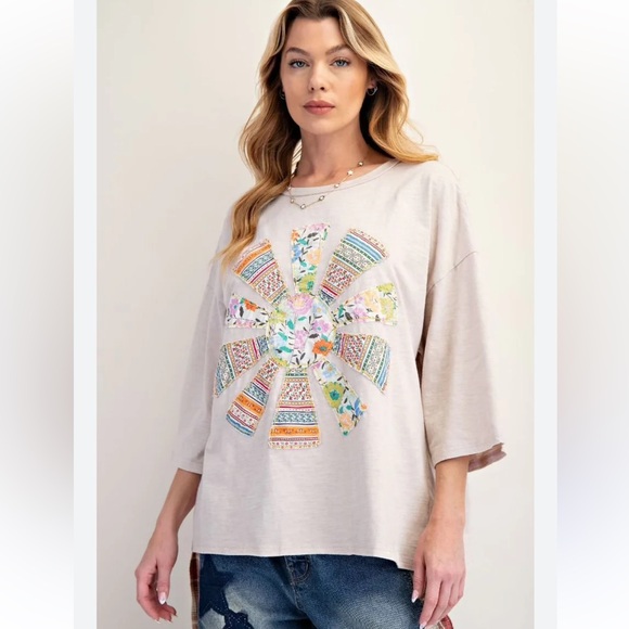 Easel Oversized tee patchwork star sun top shirt boho sz L - Picture 1 of 8